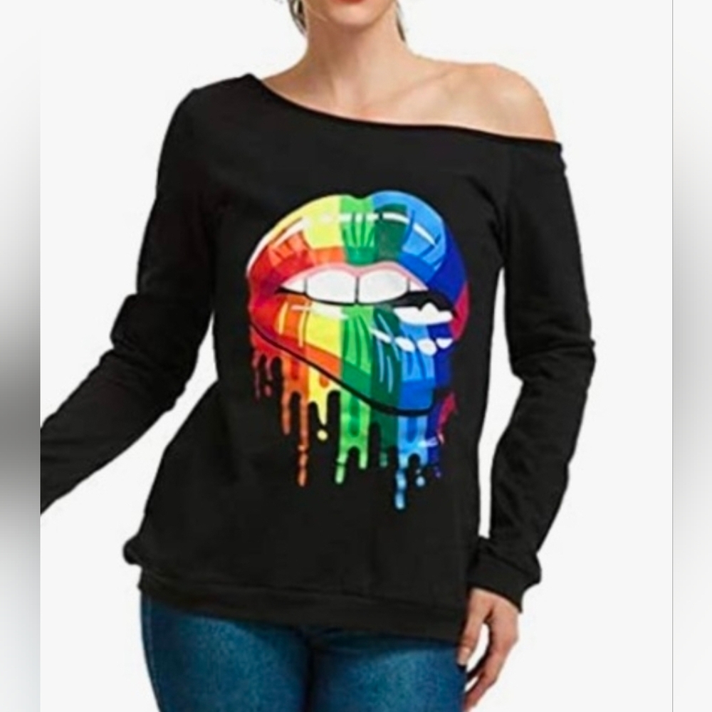 MagicMK Black Off-Shoulder Top with Colorful Lips